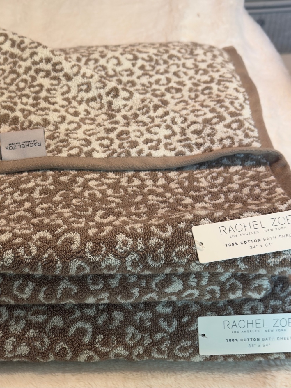 2 Rachel Zoe Animal Print Leopard Cheetah Oversized Bath Sheets 34” x 64” Set 2
